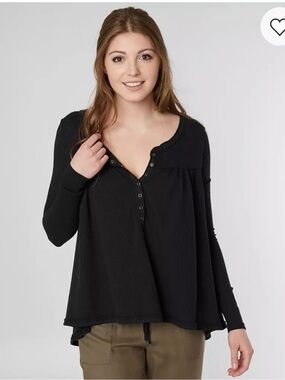 We The Free Black Waffle Knit Henley Long Sleeve Top